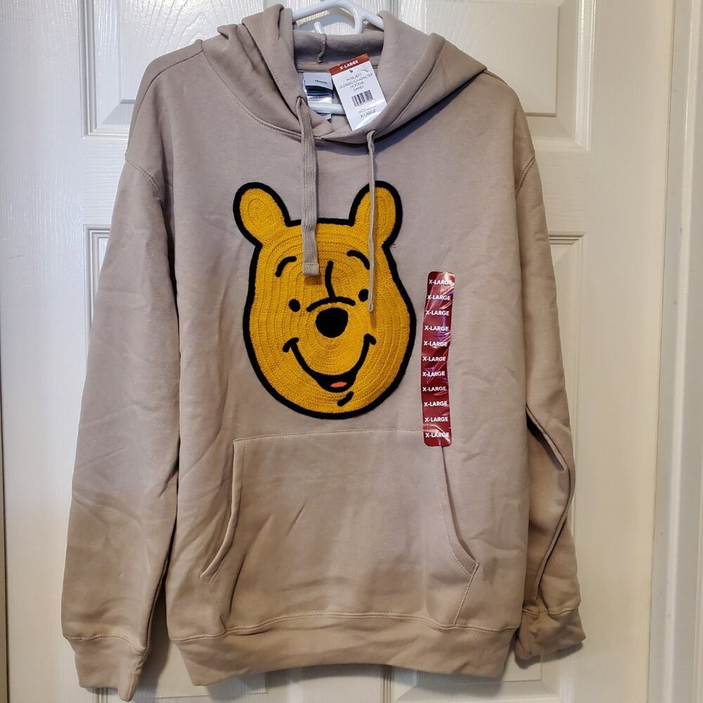 Disney Hoodie Winnie the Pooh Pullover Sweatshirt Crochet Patch Face Size XL NWT